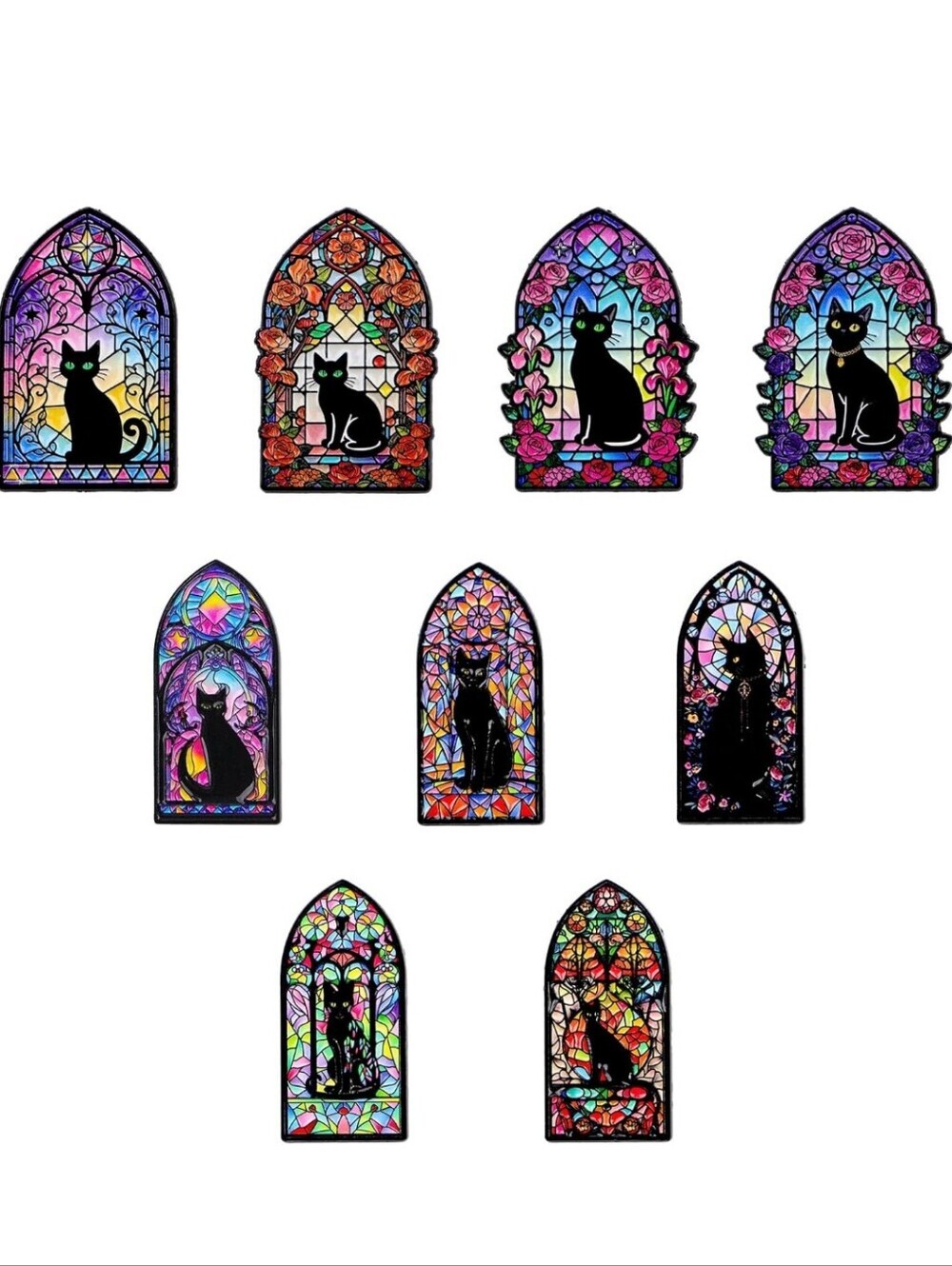 Black Cat Stained Glass Window 9 Pc Enamel Pin Set - Multicolor